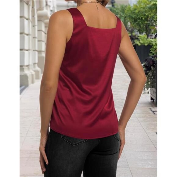 Women's Satin Tank Tops V Neck Wine Red - Picture 4 of 5